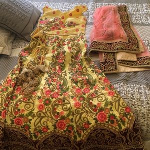 Lemon off shoulder embroidered lengha